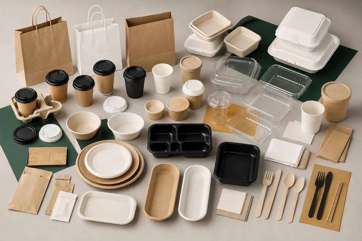 Vista cenital del surtido: bolsas, vasos, contenedores, platos, cubiertos y servilletas