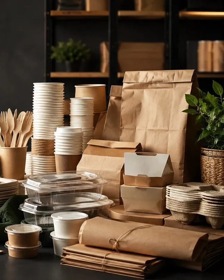 Vasos, contenedores, cubiertos de madera y bolsas kraft sobre un mostrador oscuro